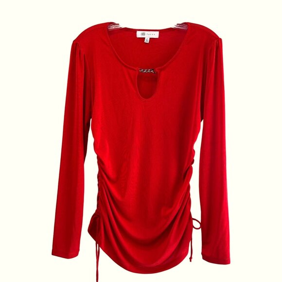 Fever Red Velvet Large Ruched Top  Long Sleeve Chain Keyhole Club Party Shirt - Picture 4 of 9